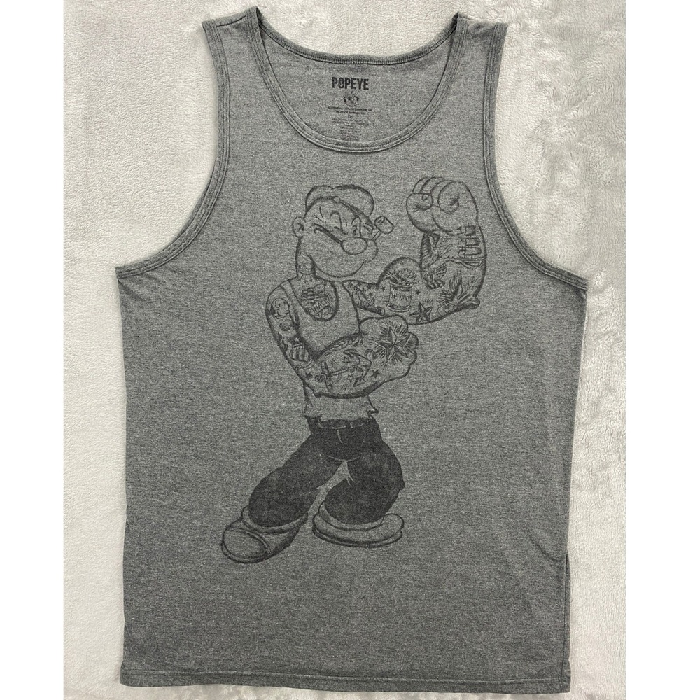 Popeye Tattoo Graphic Tank Top Mens Large Grey Retro Muscle Tee 2019 ST10179CM